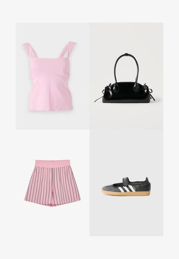 Top sans manches rose avec un décolleté carré. S'accompagne de bretelles froncées et d'une silhouette ajustée avec un ourlet légèrement évasé.; Shorts roses clairs avec des rayures verticales bleues marines, taille élastique et poches latérales. Fabriqués en tissu doux avec une coupe décontractée.; Sneaker en cuir noir et suède avec une sangle Velcro, arborant trois bandes blanches et une semelle en caoutchouc, étiqueté "SAMBA" sur le côté.; Petit sac à main noir brillant avec deux longues anses et des détails à cordon sur les côtés sur un fond clair uni.