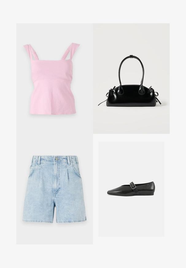Rosa ärmelloses Oberteil mit quadratischem Ausschnitt. Verfügt über geraffte Schulterträger und eine taillierte Silhouette mit einem leicht ausgestellten Saum.; Helle blaue Jeansshorts mit hoher Taille, ausgestattet mit vorderen Falten, zwei seitlichen Taschen und einem Knopfverschluss. Weich, strukturiertes Material.; Schwarze Lederflachschuhe mit spitzem Zehenbereich, ausgestattet mit einem metallischen Riemen über dem Spann und einer niedrigen, flexiblen Sohle.; Kleine schwarze glänzende Handtasche mit zwei langen Griffen und seitlichen Kordelzug-Details vor einfachem hellem Hintergrund.
