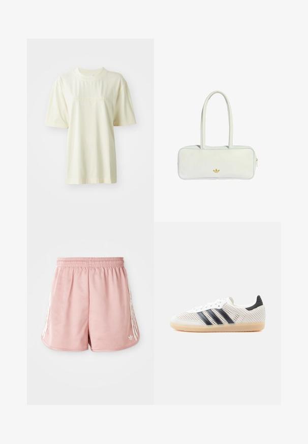 Camiseta de algodón color crema con cuello redondo, mangas cortas y logo "adidas" en relieve en el pecho. Textura suave y corte relajado.; Shorts deportivos rosas con cintura elástica, detalle de una franja blanca en los lados y un pequeño logo en la parte inferior izquierda delantera. Textura de tela suave.; Zapatillas deportivas de malla blanca con diseño de tres franjas negras, punta redondeada y suela de goma color café. Cuentan con un cuello de talón suave y cierre de cordones.; Bolso de cuero blanco con dos asas largas, forma rectangular, detalle de logotipo dorado y ribete azul claro en los bordes. Cierre con cremallera.
