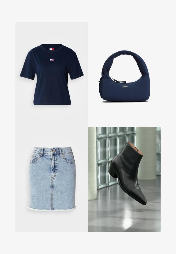 Tumesinine lühikeste varrukatega lühike T-särk väikese Tommy Jeans logoga, mis asub kaeluse lähedal keskel.; Hele sinine denim seelik otse lõikega, lõhustatud servaga, viie taskuga kujunduse ja ees oleva nööbiga sulgemisega. Sile tekstuur koos pleekinud aktsentidega.; Mustast nahast paelaga saabas terava ninaga ja plokksiisupingiga hõljub läikiva halli põranda kohal klaasplokiseina lähedal.; Tumesinist polsterdatud õlakott kõverate sangadega ja esiküljel lukuga taskuga, millel on ees keskosas valge "tommy jeans" logo.