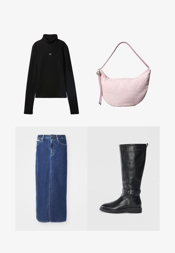 Čierny rebrovaný top s dlhým rukávom a rolákom s malou štvorcovou nášivkou s logom Calvin Klein uprostred na hrudi.; Džínová sukňa v tmavomodrej farbe, po kolená, s predným rozparkom, tradičným pásom a dizajnom s piatimi vreckami a kontrastným prešívaním.; Čierne kožené čižmy po kolená s nízkym podpätkom, okrúhlou špičkou a kovovou sponou s logom "CK" okolo členku.; Mäkká ružová ramenná taška v tvare polmesiaca s nastaviteľným popruhom zo šnúry, kovovým zarážkou a nenápadným vyrazeným logom „cK“ na prednej stredovej časti.