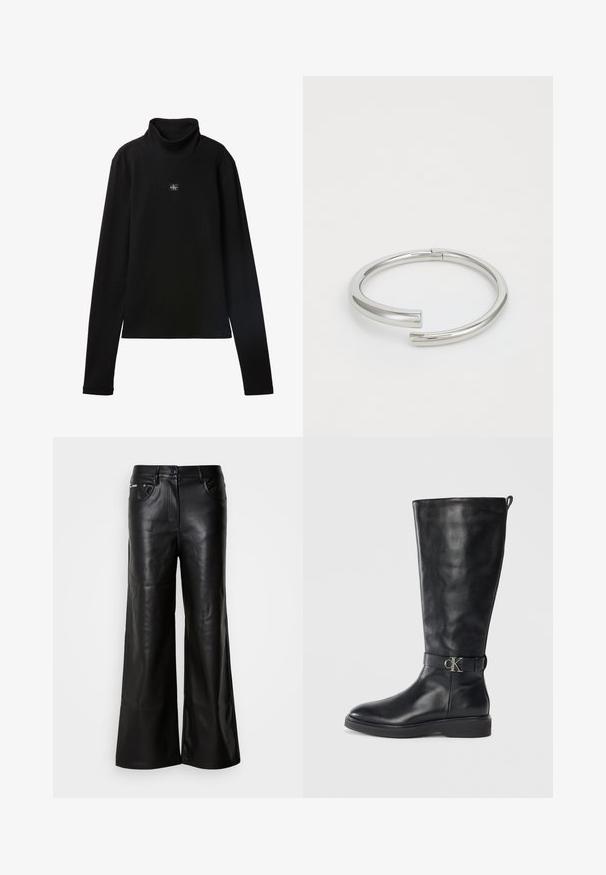 Schwarzes, geripptes Langarm-Top mit Rollkragen und kleinem quadratischem Calvin Klein Logo-Patch zentral auf der Brust.; Schwarze Leder-Breitbein-Hosen mit einer glatten Textur, ausgestattet mit einem vorderen Knopfverschluss, zwei Seitentaschen und minimalen Nähten.; Schwarze Lederkniehohe Stiefel mit niedrigem Absatz, runder Spitze und metallischem "CK"-Logo-Riemen um den Knöchel.; Calvin Klein SPIRAL - Armband - silver-coloured