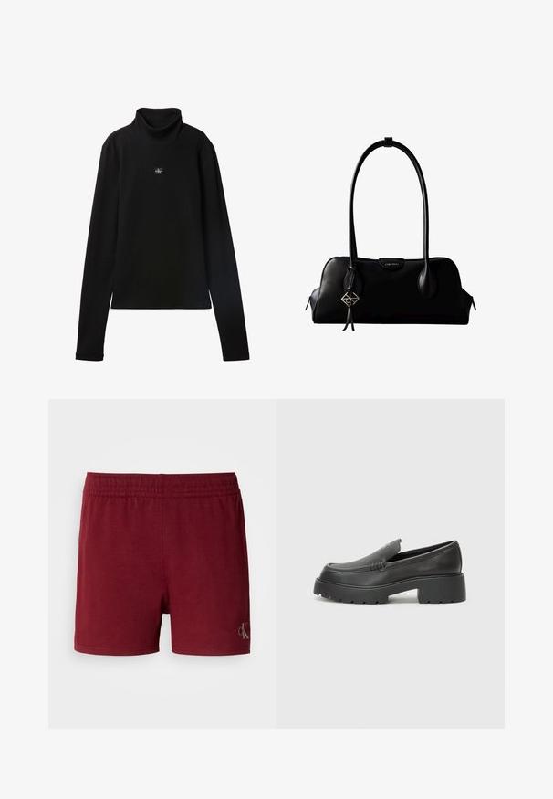 Top negro de cuello alto acanalado de manga larga con un pequeño parche cuadrado con el logo de Calvin Klein centrado en el pecho.; Pantalones cortos deportivos en color burdeos, confeccionados con una suave mezcla de algodón, cinturilla elástica y un pequeño logotipo en el dobladillo inferior.; Mocasines de piel negra con punta redondeada, suela texturizada gruesa y mínimos detalles de costura. Diseño elegante sin cordones o herrajes visibles.; Bolso de mano negro de cuero Calvin Klein con asas largas, una etiqueta con el logo frontal y un colgante geométrico plateado que cuelga de una de las asas.
