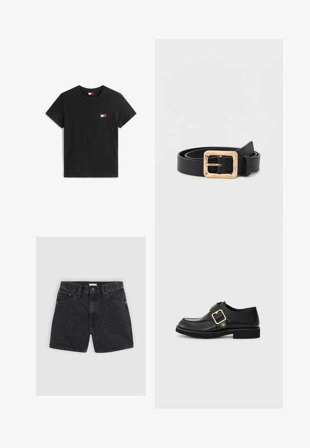 Sort kortærmet t-shirt med rund hals og lille Tommy Jeans logo-patch i rød, hvid og blå på venstre bryst.; Sorte denim shorts med høj talje, fem lommer, metalknap og kontrasterende syninger. Glat tekstur og lige snit ved kanten.; Sort lædersko med rund tå, udstyret med en guldbuckle og en flad gummisål. Glat tekstur med diskrete syningsdetaljer.; Sort læderbælte med en skinnende guld firkantet spænde, rullet pænt op på en ensfarvet hvid baggrund.