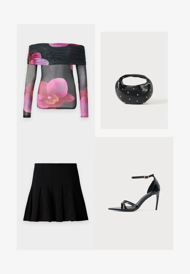 Off-shoulder langærmet top lavet af gennemsigtig sort stof med et klart pink orkidé-blomster mønster og rynket detalje ved halsudskæringen.; Sort kort plisseret nederdel lavet af et glat stof. Har en elastisk talje og en flagrende silhuet, der når til midten af låret.; Sort laklædersandal med høje hæle, tynd ankelrem, åben tå og minimalistisk design på en ensfarvet lys baggrund.; Sort læderhåndtaske med en rundet form, dekoreret med sølvnitter, og et kort håndtag. Glat tekstur og lynlåslukning.