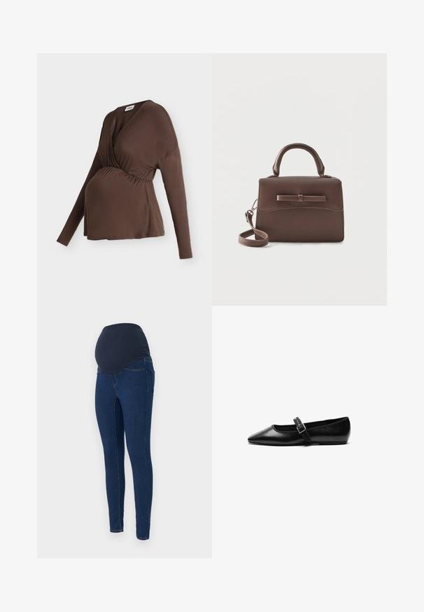 Camiseta premamá marrón de manga larga con escote en V, cintura fruncida y corte holgado, mostrada en un maniquí sobre fondo blanco.; Jeans de maternidad en denim azul oscuro, con una cinturilla elástica oscura y un diseño ajustado con bolsillos.; Zapato plano negro de cuero con punta afilada, correa ajustable con hebilla de metal, textura suave y diseño minimalista.; Pequeño bolso de mano de cuero marrón con asa superior, correa de hombro desmontable y solapa frontal acentuada por un detalle de tira de cuero horizontal.
