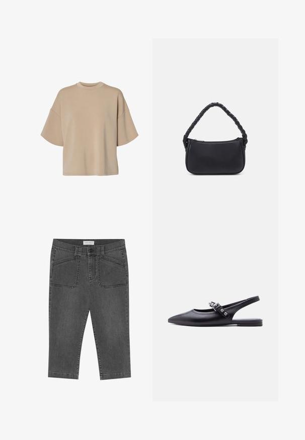 Beige oversized T-shirt met korte mouwen, ronde hals en verzakte schouders, weergegeven op een witte achtergrond.; Grijze denim capri broeken met een slim fit ontwerp, voorzien van voorzakken, een knoopsluiting en een licht versleten textuur.; Zwarte leren platte slingback met puntige neus en decoratieve gespsluiting met drie heldere edelstenen.; Zwarte handtas met een ronde vorm, gemaakt van glad materiaal. Heeft een gevlochten handvat en een ritsluiting voor veilige opslag.
