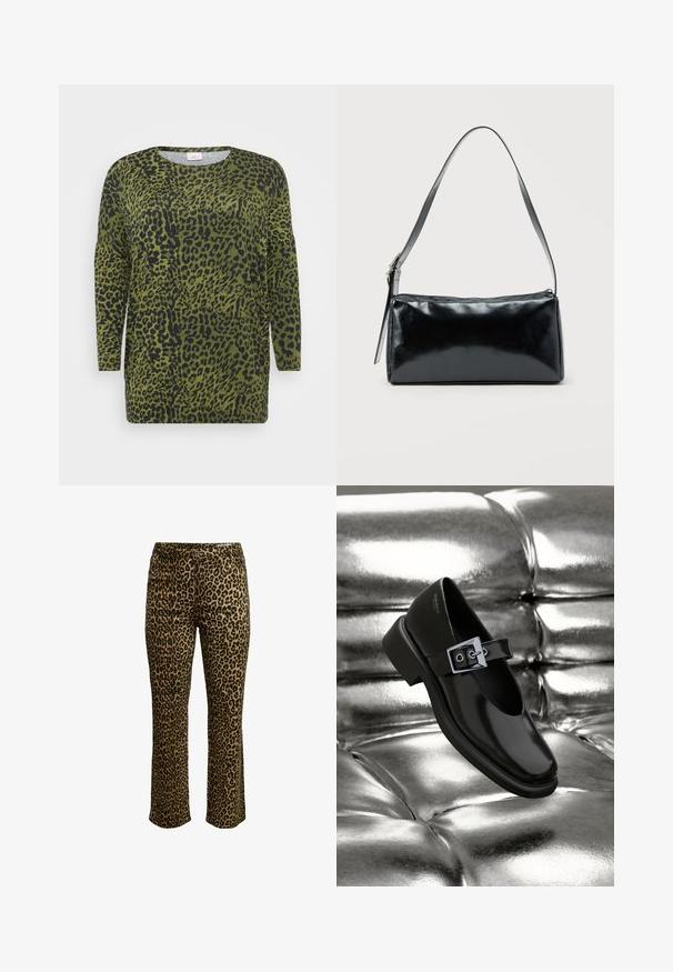 Haut à imprimé léopard avec manches longues, fond vert et taches noires. Encolure ras du cou et texture de tissu douce avec une coupe décontractée.; Pantalons imprimé léopard avec une coupe slim, fermeture à bouton et taille cousue avec un léger stretch pour le confort.; Chaussure Mary Jane en cuir noir avec un bout carré, un accent de boucle en argent et un talon bas épais, sur un fond argenté brillant.; Sac d'épaule rectangulaire noir avec une sangle réglable unique et une fermeture éclair supérieure sur un fond uni.