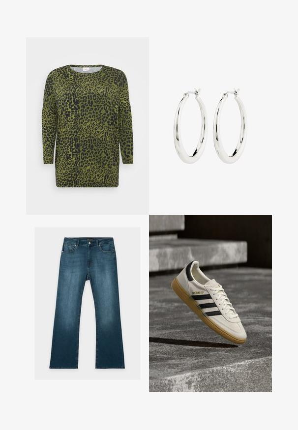 T-shirt met luipaardprint, lange mouwen, groene achtergrond en zwarte vlekken. Ronde hals en zachte stof met een ontspannen pasvorm.; Blauwe jeans met rechte pijpen, voor- en achterzakken, knoop- en ritssluiting, en subtiele vervaagde details op dijen en knieën.; Witte Adidas Spezial sneaker met zwarte strepen en gumzool, zwevend boven grijze stenen trappen buiten.; Zilveren oorbellen in de vorm van een gladde, glanzende ring. Circulaire vorm, voorzien van een veilige sluiting. Eenvoudig en elegant ontwerp.