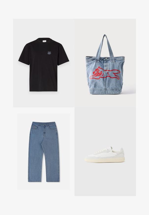 T-shirt en coton noir avec un col rond et des manches courtes. Présente un petit logo bleu sur la poitrine gauche. Design simple et droit.; Jean en denim bleu clair à coupe ample, jambes droites, cinq poches et fermeture à bouton. Présente un logo rouge discret sur la poche avant.; Baskets blanches avec dessus en daim et cuir texturé. Caractérisées par un bout arrondi, une fermeture à lacets et une semelle en caoutchouc beige contrastante.; Sac fourre-tout en denim bleu clair avec deux poignées et un contour rouge représentant un dessin animé d'animal courant sur le devant.
