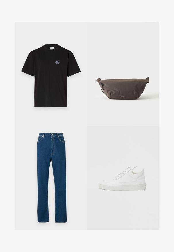 Schwarzes Baumwoll-T-Shirt mit Rundhalsausschnitt und kurzen Ärmeln. Mit einem kleinen blauen Logo auf der linken Brust. Einfaches, gerade geschnittenes Design.; Blaue Jeans mit hohem Bund, geradem Schnitt, Fünf-Taschen-Design und kontrastierendem orangefarbenem Nähen. Geschmeidige Textur.; Weißer Ledersneaker mit abgerundetem Zehenbereich, flacher Sohle und Schnürverschluss. Verfügt über Nahtdetails und einen gepolsterten Kragen für zusätzlichen Komfort.; Dunkelbraune Stoff-Gürteltasche mit diagonalem Reißverschlussfach und kleinem weißen Logo vorne, vor einem einfarbigen hellen Hintergrund.