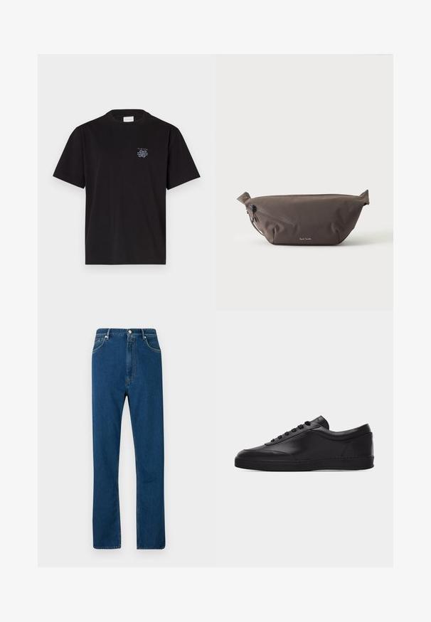 Sort bomulds t-shirt med rund hals og korte ærmer. Har et lille blåt logo på venstre bryst. Simpel, lige snit design.; Blå denimjeans med høj talje, lige ben, fem lomme-design og kontrasterende orange syninger. Glat tekstur.; Sort lavtstående lædersneaker med snørebånd foran og flad gummisål, vist fra siden på en ensartet hvid baggrund.; Mørkebrun stof talje taske med diagonalt lynlåslomme og lille hvidt logo på fronten, sat mod en ensfarvet lys baggrund.