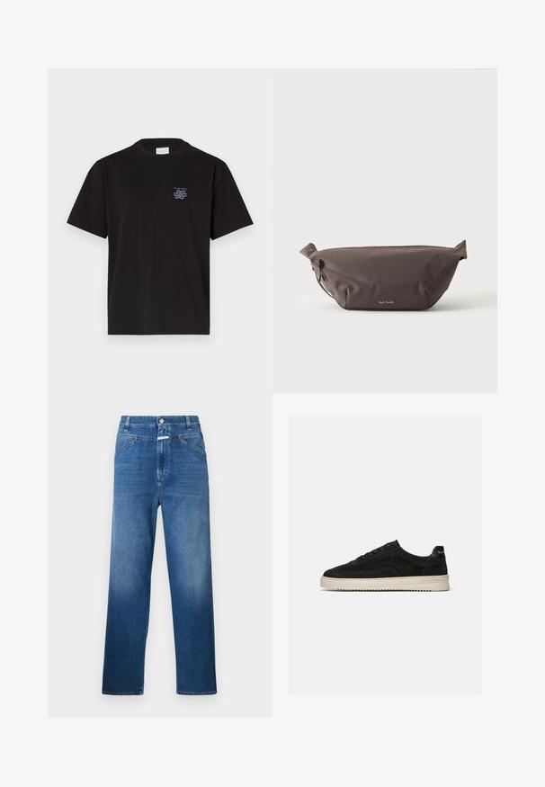 Sort bomulds t-shirt med rund hals og korte ærmer. Har et lille blåt logo på venstre bryst. Simpel, lige snit design.; Blå denimjeans med lige ben, der har en knaplukning, bæltestropper og let falmning på lårene.; Sort ruskind lav-sneaker med sorte snørebånd og hvid gummisål, sidevisning på ensartet lys grå baggrund.; Mørkebrun stof talje taske med diagonalt lynlåslomme og lille hvidt logo på fronten, sat mod en ensfarvet lys baggrund.