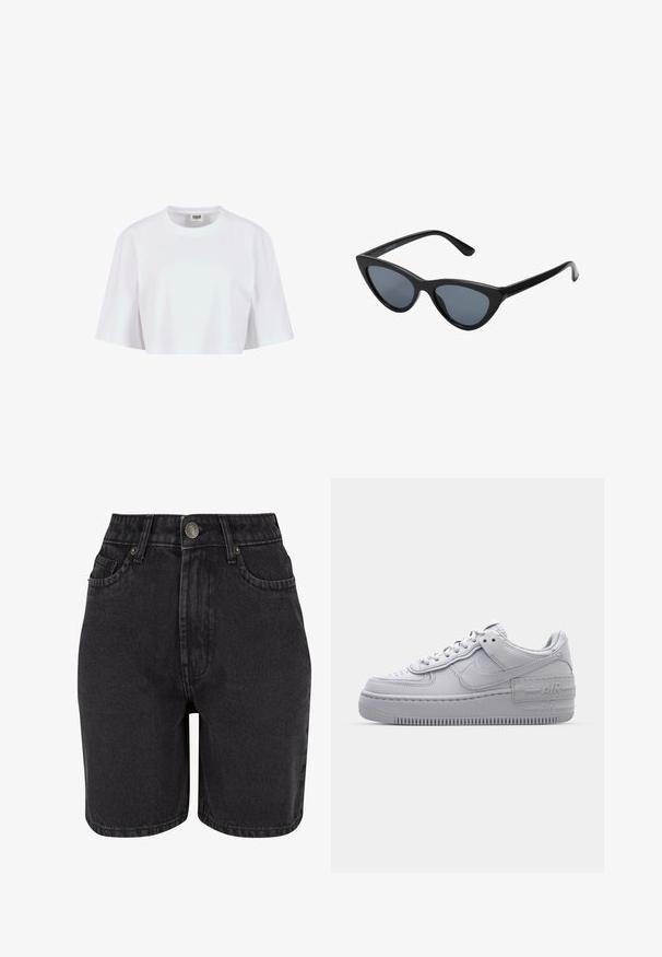 T-shirt blanc court en coton doux. Il présente un col rond et des manches courtes avec une coupe décontractée, sans motifs ni éléments métalliques visibles.; Shorts en denim noir à taille haute, avec un design à cinq poches et un système de fermeture à bouton en métal. Le tissu a une texture lisse avec un léger dégradé.; Basket en cuir lisse gris Nike Air Force 1 avec un bout perforé, une semelle épaisse et un détail 'AIR' en relief sur le talon.; Lunettes de soleil noires en forme d'œil de chat avec des verres gris foncé, monture en plastique élégante, coins pointus et branches droites. Pas de métal visible ni d'accents.