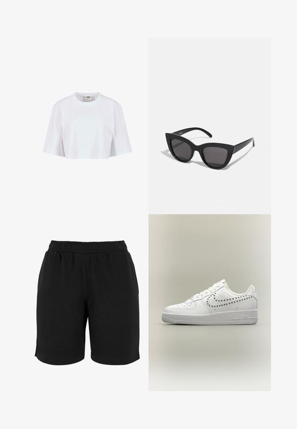 Camiseta corta blanca hecha de algodón suave. Presenta un escote de cuello redondo y mangas cortas con un corte relajado, sin patrones ni herrajes visibles.; Pantalones cortos de algodón negros con una cinturilla elástica, que presentan una textura suave y un corte sencillo. No hay bolsillos ni adornos visibles.; Zapatilla baja blanca con diseño perforado del logo Nike en el lateral, cordones blancos y suela texturizada sobre un fondo neutro.; Gafas de sol negras en forma de ojo de gato con un acabado mate, que presentan lentes ahumados grises, ángulos pronunciados y brazos laterales elegantes. Nombre de la marca visible en el interior del brazo.