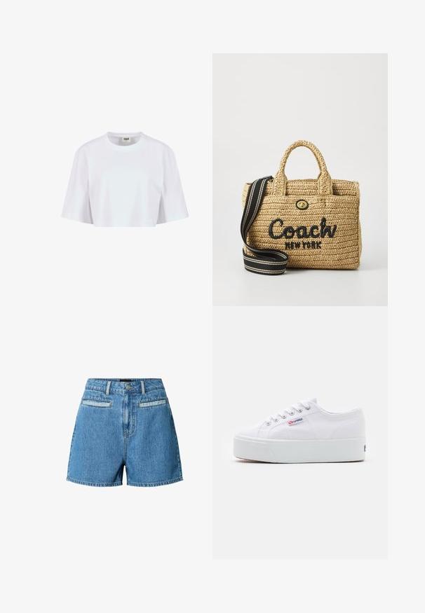 T-shirt blanc court en coton doux. Il présente un col rond et des manches courtes avec une coupe décontractée, sans motifs ni éléments métalliques visibles.; Shorts en denim bleu taille haute avec fermeture à boutons sur le devant, passants pour ceinture et deux poches horizontales à l'avant sur fond blanc.; Baskets en toile blanches avec une épaisse semelle plateforme blanche, bout rond et œillets en métal pour les lacets. Logo de la marque affiché sur le côté.; Sac en paille tressée avec deux poignées supérieures, logo brodé noir "Coach New York", quincaillerie dorée et une bandoulière rayée amovible.