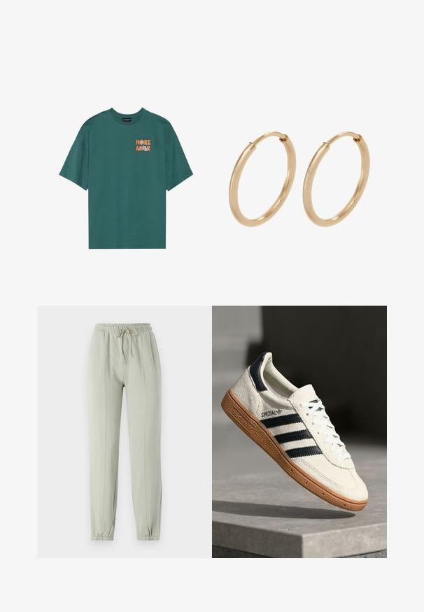 Camiseta verde de manga corta con textura acanalada y un estampado gráfico que muestra el texto "MORE AMOR" en tonos naranjas y morados.; Pantalones de chándal verde claro con un cinturón elástico, cordón ajustable y puños ajustados. Presenta detalles de costura vertical a lo largo del frente.; Zapatilla de ante blanca con franjas en azul marino, suela de goma, parte superior texturizada, puntera redonda y cordones; presenta una marca en el lateral y en la lengüeta.; Pendientes de aro de oro con un acabado suave y pulido. Forma redondeada, tamaño mediano, con un mecanismo de cierre seguro.