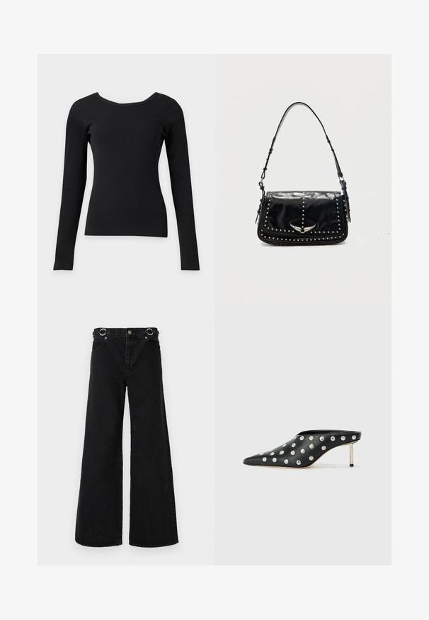 Haut noir ajusté à manches longues avec un large col rond et une texture côtelée sur un fond clair uni.; Jean noir à jambes larges en denim, avec une taille haute, de grandes poches avant, et des accessoires ronds argentés à la ceinture.; STAND STUDIO KELSEY - Mules à talons - black; Sac à épaule en cuir noir avec des clous argentés et un emblème métallique ailé sur le rabat avant sur fond uni.