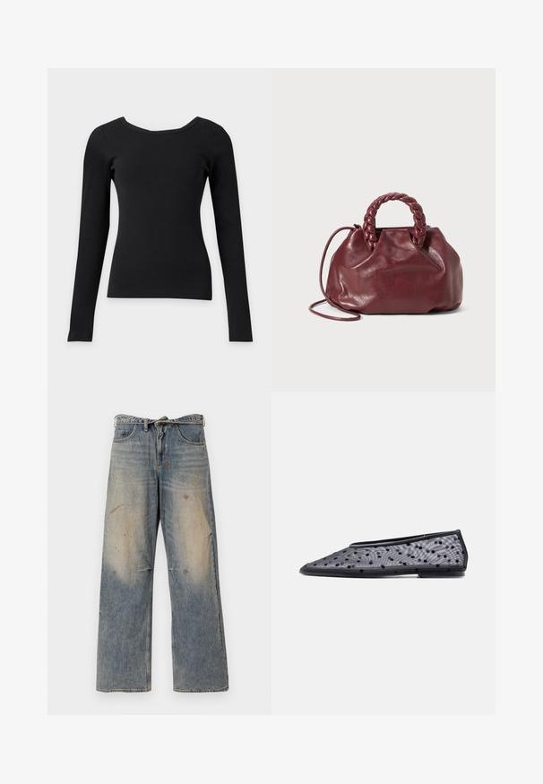 Zwarte aansluitende top met lange mouwen, brede ronde halslijn en geribbelde structuur op een effen lichte achtergrond.; Lichtblauwe denim jeans met een losse, recht gesneden pasvorm. Voorzien van slijtageplekken, vervaging en distressed details bij de knieën. Klassiek five-pocket ontwerp.; Zwarte platte schoen met puntige neus, doorschijnende stof en zwart polkadotpatroon op een lichte achtergrond.; Bordeaux lederen handtas met een gevlochten handvat, zachte textuur en een ronde vorm. Voorzien van een afneembare schouderriem voor veelzijdigheid.
