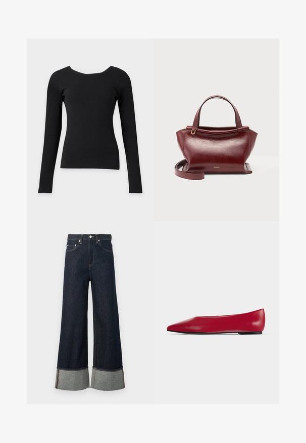 Haut noir ajusté à manches longues avec un large col rond et une texture côtelée sur un fond clair uni.; Jean denim bleu foncé à jambes larges avec revers roulés montrant un tissu intérieur plus clair et une fermeture par bouton argenté.; Chaussure plate en cuir rouge à bout pointu, semelle noire et petit talon, vue de profil sur un fond clair uni.; Sac à main en cuir rouge foncé avec doubles poignées supérieures, bandoulière amovible, ferrures dorées et nom de la marque Wandler au centre avant.