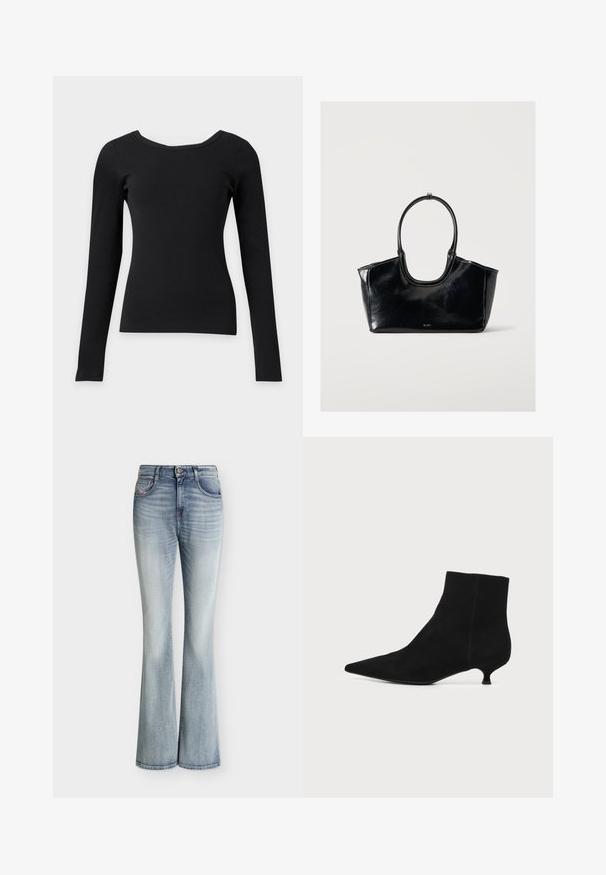 Haut noir ajusté à manches longues avec un large col rond et une texture côtelée sur un fond clair uni.; Jean en denim bleu clair taille haute avec une légère évasement en bas et des détails délavés sur le devant des cuisses.; Bottine en daim noir à bout pointu et talon kitten bas sur fond clair uni.; Sac à main en cuir noir brillant avec une grande poignée ovale et un logo subtil à l'avant sur un fond clair uni.