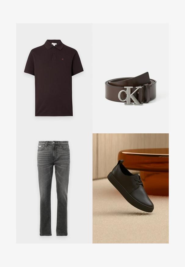 Polo noir en coton avec un col classique, deux boutons et un petit logo rouge sur la poitrine. Manches courtes, texture lisse.; Jean en denim gris foncé avec une coupe droite, design à cinq poches, motifs de dégradé subtils et accents en métal au niveau de la taille.; Baskets décontractées en cuir noir avec lacets, flottant au-dessus d'un tapis beige, avec une table en verre ambré arrondie en arrière-plan.; Ceinture en cuir marron avec une finition brillante, dotée d'une boucle CK en métal argenté avec des éléments de design circulaires et rectangulaires.