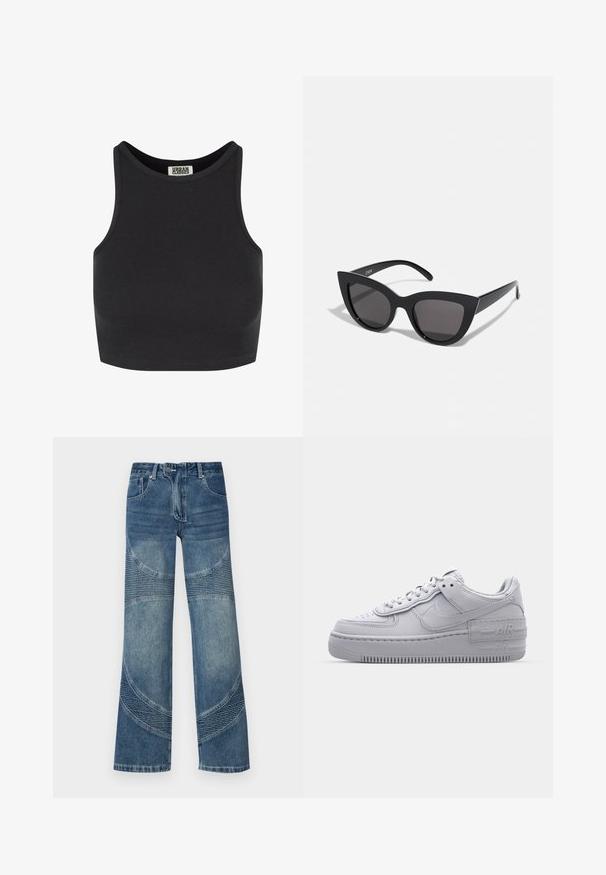 Schwarzes, geripptes Crop-Top mit ärmellosem Design. Verfügt über einen runden Halsausschnitt und eine glatte Textur. Etikett im Nacken sichtbar.; Hochtaillierte blaue Jeans aus Denim mit weitem Bein, versehen mit geschwungenen Nahtdetails und gerippten Teilen im unteren Bereich. Lässiger Stil.; Graue Nike Air Force 1 Sneaker mit perforierter Zehenpartie, Obermaterial aus glattem Leder, dicker Sohle und geprägtem 'AIR'-Detail an der Ferse.; Schwarze Cat-Eye-Sonnenbrille mit matter Oberfläche, grauen getönten Gläsern, scharfen Kanten und schlanken Bügeln. Der Markenname ist auf dem inneren Bügel sichtbar.