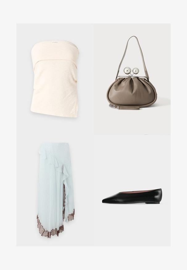 Lys beige stropløs top i struktureret stof, med et flettet design ved halsudskæringen og en løs pasform. Ingen lukninger eller yderligere detaljer.; Lyseblå omslagsskjørt med lodrette hvide striber, der har en flæsekant og detaljeret brun blondekant i bunden.; Sort damesko i læder med flad hæl og spids tå, vist fra siden på en ensfarvet lys grå baggrund.; Grå læderhåndtaske med rundet form, toplås med to store sølvkugler og en enkelt strop.