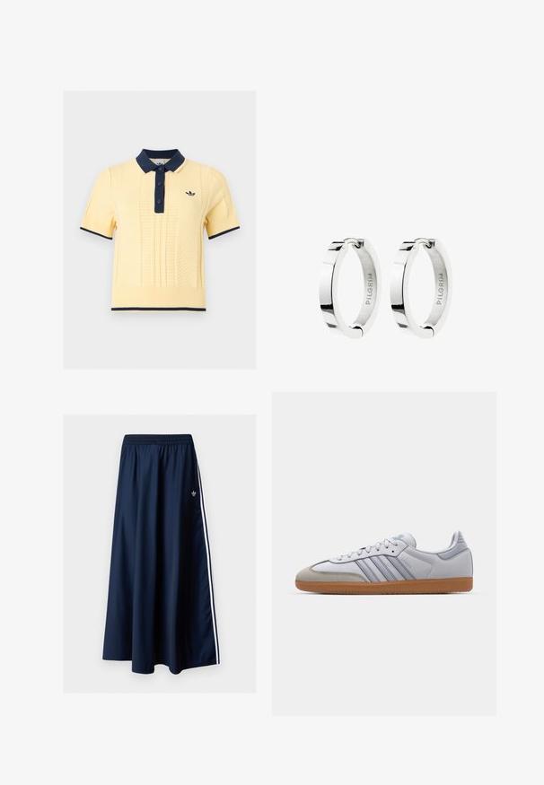 Geel gebreide polo met korte mouwen, een navy kraag, knoopsluiting, manchetten, zoomafwerking en een klein geborduurd logo op de borst.; Donkerblauwe maxi-rok met elastische tailleband, twee witte zijstrepen en een klein wit Adidas-logo aan de linkerkant.; Witte leren sneakers met lichtblauwe accenten, grijs suède neus en een bruine rubberen zool. Voorzien van drie blauwe strepen en "Samba"-branding.; Een paar gepolijste zilveren oorringen met scharnier sluiting, aan de binnenkant gegraveerd met de merknaam "PILGRIM".