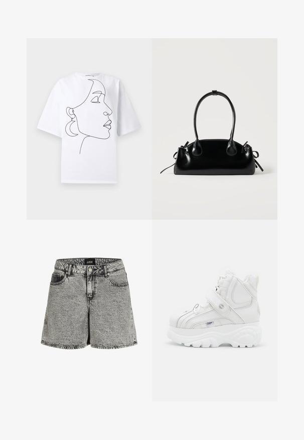 Camiseta blanca de manga corta con un dibujo de línea continua negra del perfil lateral de una mujer que lleva pendientes en forma de media luna.; Pantalones cortos de mezclilla en negro y gris con corte alto, diseño de cinco bolsillos y dobladillo deshilachado. Presenta una textura desgastada y cierre de botón metálico.; Zapatillas altas blancas de cuero, con correa de hebilla, puntera redonda, suela gruesa y detalles de costura vertical.; Pequeño bolso negro brillante con dos asas largas y detalles de cordón lateral sobre un fondo claro liso.