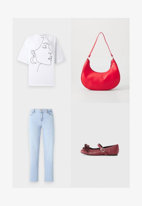 Hvid T-shirt med korte ærmer med sort kontinuerligt linjetegning af en kvindes sideprofil iført halvmåneformede øreringe.; Lyseblå lige ben jeans lavet af denim, med en standard talje, fem lommer og subtile sømdetaljer.; Bordeaux læder ballet flats med rund tå, ankelrem og en dekorativ kvastdetalje foran. Flad sål og enkelt design.; Rød syntetisk læder skuldertaske med en buet form, slank rem og lynlås lukning. Glat tekstur med synlige syninger.