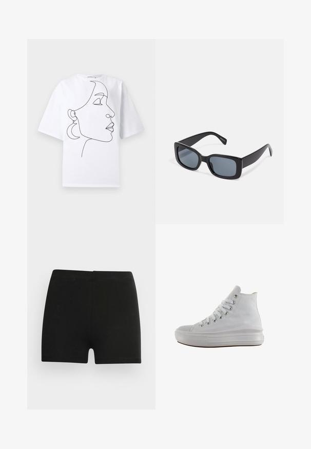 Hvid T-shirt med korte ærmer med sort kontinuerligt linjetegning af en kvindes sideprofil iført halvmåneformede øreringe.; Sorte bomulds shorts med et tætsiddende design og elastisk talje. Glat tekstur, længde til midt på låret, og uden synlige mønstre eller accenter.; Hvid højt canvas sneaksko med hvide snørebånd, metaløjer, tyk gummisål og tekstureret tåhætte, vendt mod venstre på en hvid baggrund.; Sorte rektangulære solbriller med mørkt tonede linser, tyk plastramme og brede stænger. Glat overflade og kantet design.