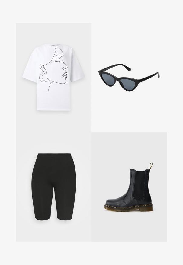 Weißes T-Shirt mit kurzen Ärmeln, bedruckt mit einer schwarzen durchgehenden Linienzeichnung eines Frauenprofils mit mondförmigen Ohrringen.; Schwarz Radshorts mit einem taillierten Design, elastischem Bund und glatter Textur. Die Länge reicht bis über das Knie. Keine sichtbaren Muster oder Verzierungen.; Schwarze Leder Chelsea-Boots mit elastischen Seitenpanelen, strukturiertem Finish, gelben Nähten und einer langlebigen, leicht transparenten Gummisohle.; Schwarze Cat-Eye-Sonnenbrille mit dunkelgrauen Gläsern, schlankem Kunststoffrahmen, spitzen Ecken und geraden Bügeln. Keine sichtbaren Befestigungen oder Akzente.