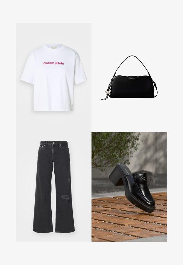 Camiseta de algodón blanca de manga corta y cuello redondo, con "Calvin Klein" bordado en letras rosas en la parte delantera.; Vaqueros de mezclilla negra de pierna ancha con detalles desgastados en la parte inferior de la pierna derecha. Cuenta con un cierre de botón clásico y diseño de cinco bolsillos.; Mule tipo slip-on de cuero negro de Calvin Klein con tacón de bloque descansando sobre baldosas de madera al aire libre cerca de una planta verde y una pared gris.; Bolso rectangular negro de Calvin Klein con una única correa superior, dije con el logo plateado y un pequeño cierre de solapa en la parte frontal.
