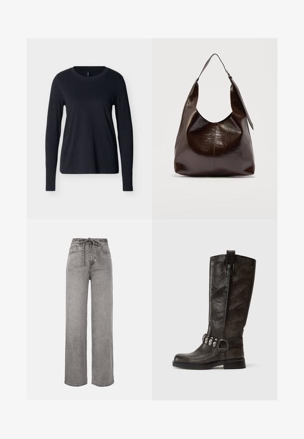 Sort langærmet T-shirt med rund hals lagt fladt på en hvid baggrund, der viser forsiden med et rent og enkelt design.; Højtaljede, viddebenede grå denimjeans med et stofbælte bundet foran og forlommer.; Tamaris Cowboy- / bikerstøvler - cigar; Mørkebrunt, skinnende læder skuldertaske med en enkelt bred rem og spændedetalje på den ene side, sat mod en ensartet lys baggrund.