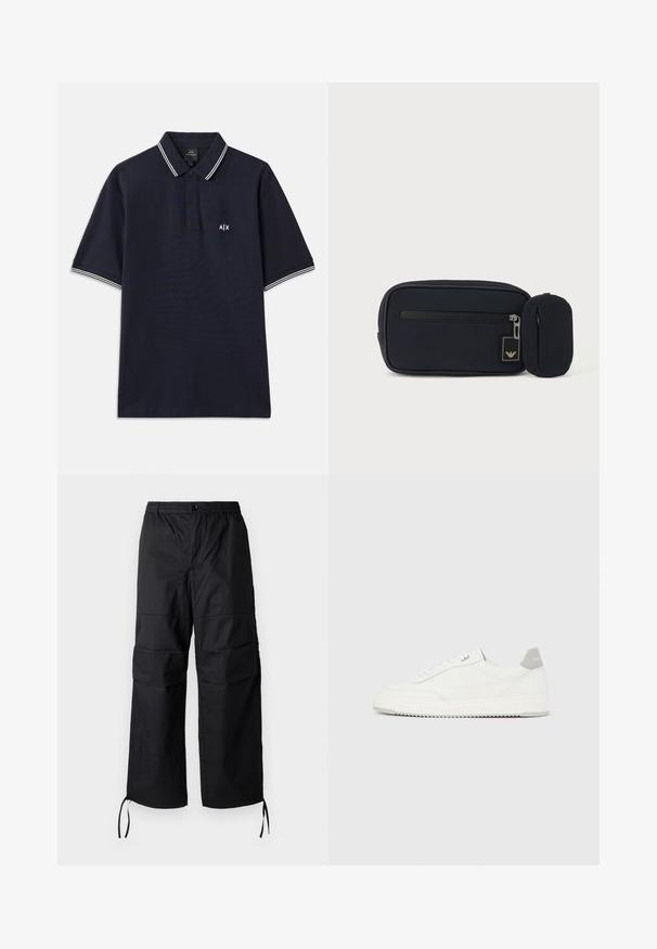 Tumesinine polo särk, mis on valmistatud puuvillast, klassikalise krae ja kahe nööbiga, valgete triibuliste aktsentidega varrukatel. Väike logo rinnal.; Mustad mustad püksid, mis on valmistatud kerge kangast, laia jalgadega, elastse vöökohtaga ja reguleeritavate nööridega sääreosades. Kaks küljetaskut.; Valge madala lõikega tennisking halli kandklambri, valgete paelte ja tekstuuriga tallaga, esitletud ühtlasel heledal taustal.; Must ristkülikukujuline kotike esiküljel lukuga ja väike lisatud ümar kotike, ühevärvilise heleda tausta taustal.