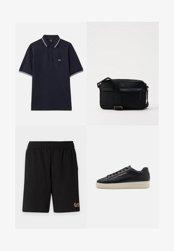 Marineblaues Poloshirt aus Baumwolle mit klassischem Kragen, zwei Knöpfen und weißen Streifenakzenten an den Ärmeln. Kleines Logo auf der Brust.; Schwarze Sportshorts aus weichem Material, mit einem elastischen Bund und einem kleinen gelben EA7-Logo am unteren linken Bein.; Schwarze Leder-Sneaker mit glatter Oberfläche, kontrastierender cremefarbener Sohle, abgerundeter Spitze, goldfarbenem Logo an der Seite und sechs Ösen für die Schnürsenkel.; Schwarze Nylon-Schultertasche mit einem kontrastierenden Riemen, schlanker rechteckiger Form, Logo-Detail und einer Reißverschlusstasche auf der Vorderseite.