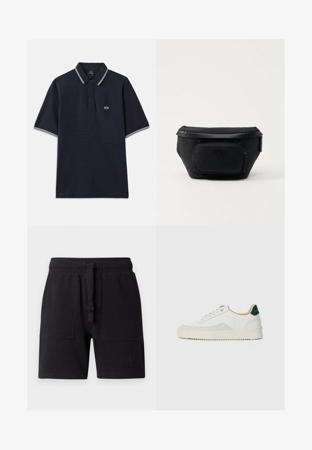 Tumesinine polo särk, mis on valmistatud puuvillast, klassikalise krae ja kahe nööbiga, valgete triibuliste aktsentidega varrukatel. Väike logo rinnal.; Mustad mustreid puuvillasegustest kangast lühikesed püksid, elastse vöökoha ja nööriga, kahe küljetaskuga ning väikese logo detailiga.; Valged tennisjalanõud, millel on sametised aktsendid, ümar varvas, lame nöörid ja kreemjas kummine põhja. Hästi nähtav roheline bränding kannal.; Must must nahk tõmblukuga esikoti ja siledat tekstuuri kaunistav logo. Struktureeritud disain, millel on volditav üleosa.