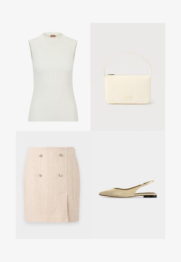 Haut blanc sans manches avec un col montant, présentant une texture côtelée et un design ajusté. Étiquette de marque "BOSS" visible sur le col.; Jupe beige texturée avec un motif tissé, dotée de deux boutons argentés proéminents à l'avant et d'un ourlet légèrement asymétrique.; Chaussure plate beige à bout pointu avec bride arrière, petit talon noir et finition en cuir lisse, vue de côté sur un fond uni.; Sac à main rectangulaire de couleur crème avec une seule sangle et une fermeture éclair sur le dessus, comportant une petite plaque de logo embossé à l'avant.