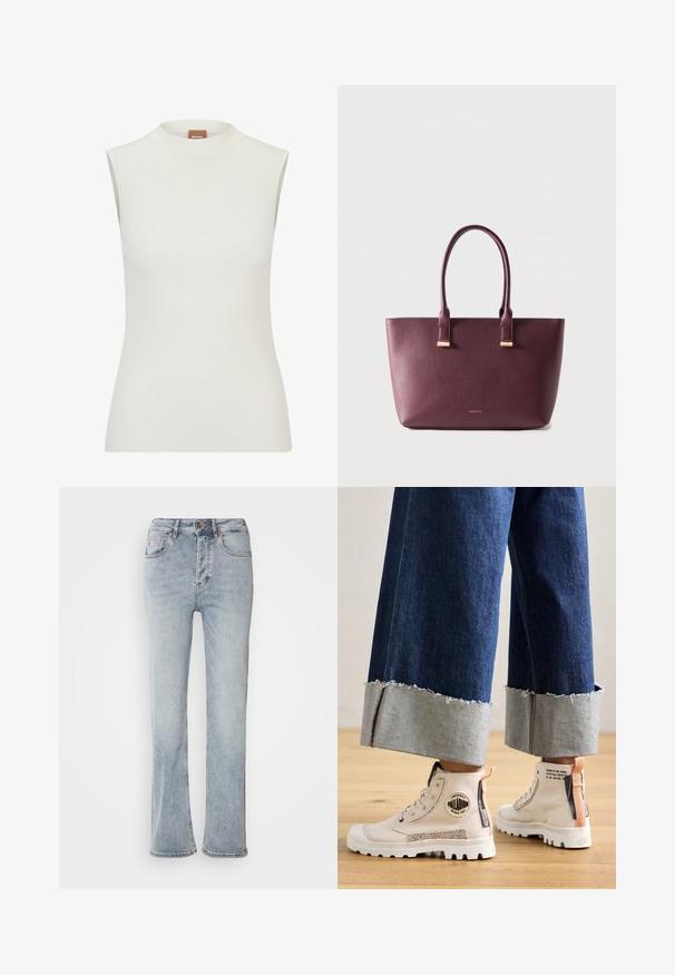 Weißes, ärmelloses Oberteil mit hohem Kragen, das eine gerippte Textur und eine figurbetonte Passform aufweist. Das Markenlabel "BOSS" ist am Kragen sichtbar.; Helle blaue Denim-Jeans mit hoher Taille, geradem Bein-Design und leichtem Schlag am Saum. Mit gestickten Akzenten und einem Reißverschluss.; Helle hohe Leinenschuhe in Beige mit strukturierten Akzenten, einer weißen Gummisohle und einem auffälligen Logo-Patch. Ausgebleichte Denim-Hosen mit kontrastierenden Bündchen.; Dunkellila Leder-Shopper mit zwei Griffen und kleinem goldfarbenem Markenlogo auf der Vorderseite, vor einfarbig hellem Hintergrund.