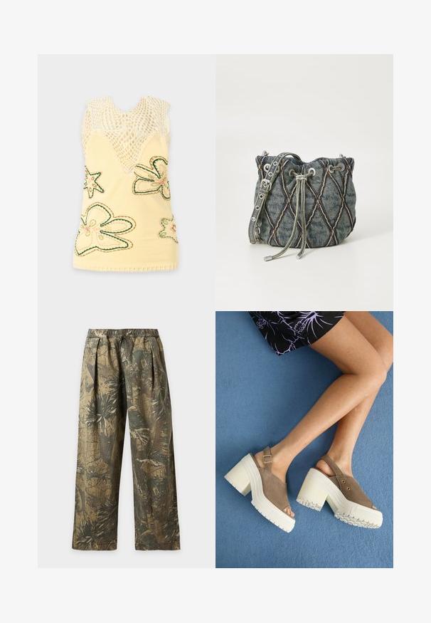 Gelbes ärmelloses Oberteil mit gehäkeltem Netz-Oberteil und bestickten, mehrfarbigen Schmetterlings- und Sternformen im unteren Bereich.; Locker sitzende Hose mit elastischem Bund, mit grün-braunem tropischem Camouflage-Print mit Blättern.; Braune Wildleder-Plateausandalen mit klobigen weißen Absätzen, ausgestattet mit einem verstellbaren Knöchelriemen und goldenen Akzenten. Strukturierte Gummisohle für guten Halt.; Denim-Eimer-Tasche mit diamantquiltetem Muster, grauem Kordelzugverschluss, silbernen Hardware-Akzenten und weicher Textur, ausgestattet mit einem abnehmbaren Tragegurt.