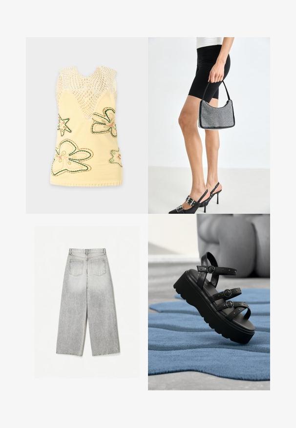 Gul ærmeløs top med hæklede mesh øverste del og broderede flerfarvede sommerfugle- og stjerneformer på den nederste del.; Løse grå denim jeans med et falmet udseende, med to baglommer og rå kanter.; Sort platform-sandal med tre justerbare remme med spænder, placeret på en tekstureret blå tæppe med sløret baggrund.; Sort perlehandtaske med en buet silhuet, bærehåndtag og blank overflade. Båret med højhælede sorte sko og tætsiddende sorte shorts.