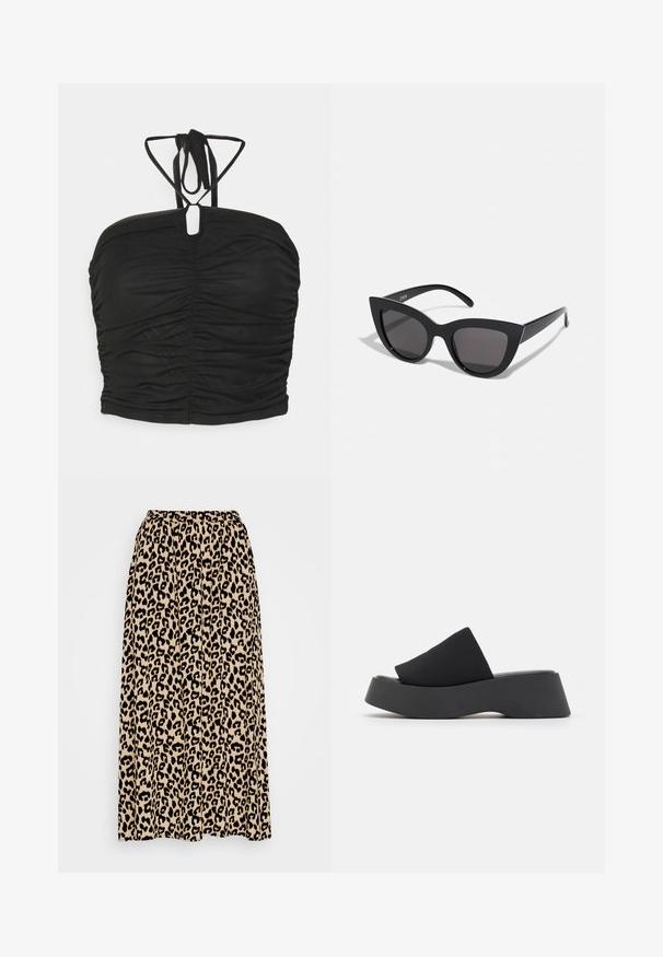Even&Odd Top - black; Leopartrykt midi-nederdel i beige og sort. Har en elastisk talje og en plisseret design for øget bevægelse og pasform.; Call it Spring VENISE B.E.D FOAM - Mules med hæl - black; Sorte cat-eye solbriller med mat finish, der har grå tonede linser, skarpe vinkler og slanke sidearme. Mærkenavnet er synligt på den indre arm.