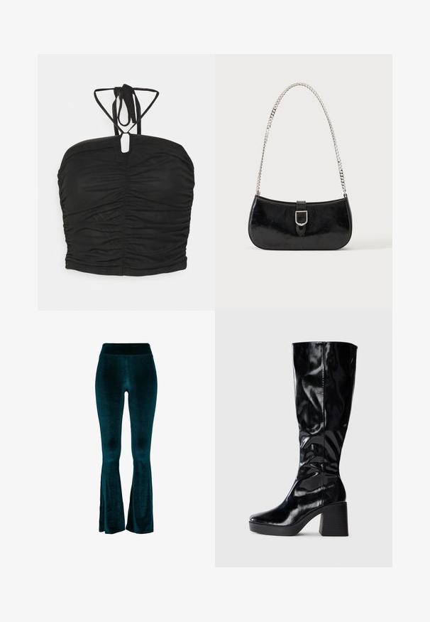 Even&Odd Top - black; Turquoise wijde broek van zachte fluwelen stof, met een hoge tailleband en een gladde textuur, taps toelopend naar de zoom met lichte openingen.; Zwarte laars tot de knie, gemaakt van glanzend lakleer; beschikt over een gestructureerde blokhak en een afgeronde neus. Eenvoudig, strak ontwerp.; Zwarte lakleren schoudertas met een zilveren gespdetail en een zilveren kettingriem, getoond tegen een effen lichte achtergrond.