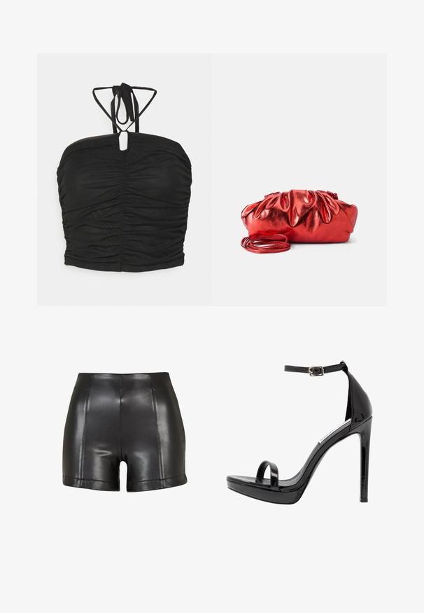 Even&Odd Topp - black; Mustast faux nahast šortsid, millel on kõrge talje, sile tekstuur ja nähtavad õmblused esi- ja äärejoonel.; Steve Madden MILANO - Kõrge kontsaga sandaalid - black; Punane metallikott, millel on kogutud, paksu kujundusega disain. Varustatud pika, õhuke õlarihmaga ning sileda, läikiva tekstuuriga.