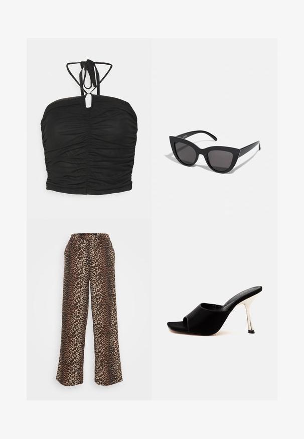 Even&Odd by Zalando Débardeur - black; Pantalons large en imprimé léopard avec taille élastique et poches latérales, fabriqués à partir d'un tissu doux dans des tons bruns et beige.; Mule noire à bout ouvert avec un talon aiguille argenté brillant et une tige basse sur fond blanc.; Lunettes de soleil noires en forme d'œil de chat avec une finition mate, dotées de verres teintés gris, d'angles aigus et de branches élégantes. Nom de la marque visible sur la branche intérieure.