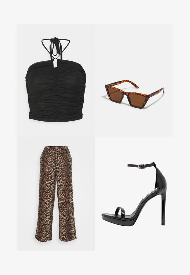 Even&Odd by Zalando Débardeur - black; Pantalons large en imprimé léopard avec taille élastique et poches latérales, fabriqués à partir d'un tissu doux dans des tons bruns et beige.; Steve Madden MILANO - Sandales à talons hauts - black; Lunettes de soleil teintées de brun avec un motif écaille de tortue, monture angulaire et branches fines. Matériau en plastique léger.