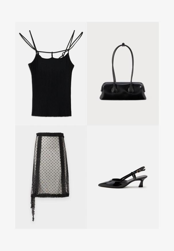Débardeur noir côtelé avec fines bretelles réglables, présentant une coupe ajustée et une surface texturée, adapté pour être porté seul ou en superposition.; Jupe noire transparente avec motif à pois, bordure à volants et design asymétrique avec un côté plus long, fabriquée en tissu léger.; Chaussure slingback en cuir verni noir à petit talon, bout pointu et bride réglable avec boucle dorée sur fond blanc.; Sac à main en cuir noir avec deux poignées allongées, une texture lisse et une base arrondie, ornée d'accents décoratifs sur les côtés.