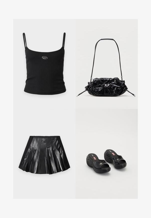 Zwarte geribbelde camisole top met dunne bandjes en een klein metalen logo in het midden. De stof lijkt rekbaar en aansluitend te zijn.; Zwarte plooirok met een glanzende leren voorkant en een effen zwarte tailleband met een klein metalen accent. Gestructureerde leren panelen versterken het ontwerp.; Melissa MELISSA QUANTUM PLATFORM X DIESEL AD - Badslippers - black; Zwarte leren handtas met een geplooid design en een strikdetail aan de voorkant. Voorzien van een korte handgreep en zilverkleurige metalen accenten.