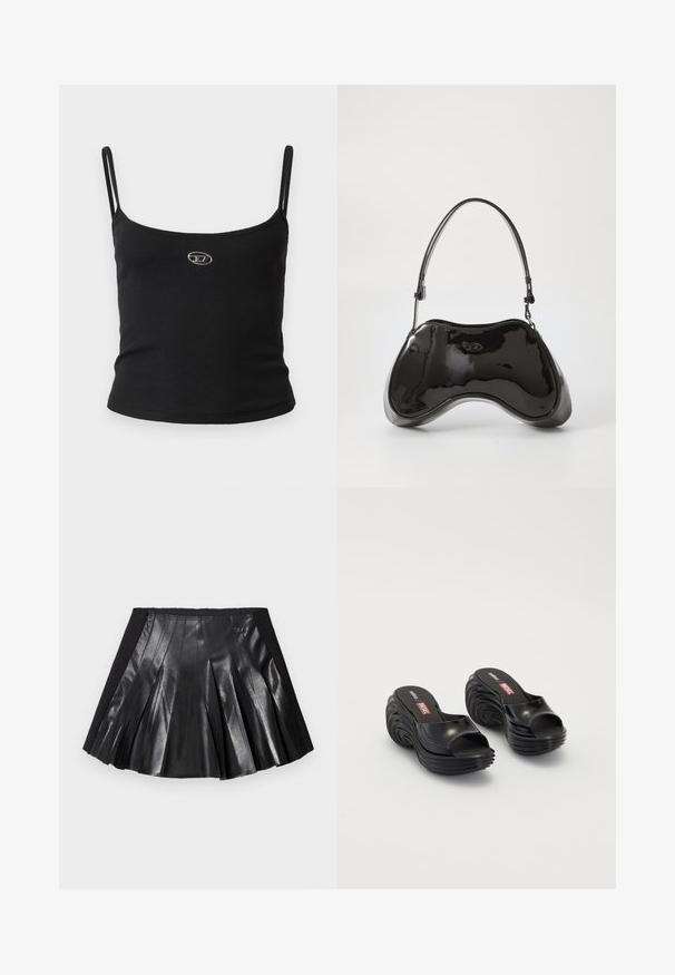 Sort ribstrikket camisole-top med tynde stropper og en lille metallisk logo midt på. Stoffet virker strækbart og kropsnært.; Sort plisseret nederdel med en skinnende læderfront og en solid sort talje med en lille metaldekoration. Teksturerede læderpaneler forbedrer designet.; Melissa MELISSA QUANTUM PLATFORM X DIESEL AD - Badesandaler - black; Sort patentlæder håndtaske med en unik buet form, kort justerbar hank og en lynlåslukning i toppen. Glat tekstur med diskret branding.